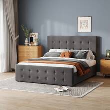 Cama Tipo Plataforma con Cuatro Cajones y Buró, Tapizada en Lino y Base con Láminas de Madera, No Necesita Colchón de Resortes - Gris - Ver 5