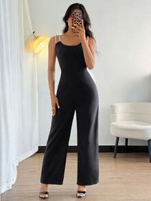 1pc Women's Spring/Summer Pearl Strap Colorblock Jumpsuit, Elegant Fitted Waist Design For Date, Commute, Everyday Wear - Black - View 2