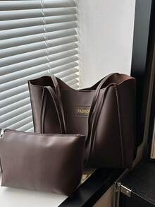 2pcs/Set Solid Color Small Shoulder Tote Bag & Clutch Wallet, PU Leather Material Suitable For Girls, Women Shopping, Work Commute And Daily Use - Coffee Brown - View 12