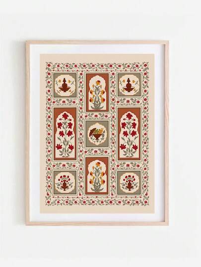 一幅无框开斋节米色背景艺术画，饰有精致的重复花卉图案，以红色、黄色和棕色的风格化植物为特色。营造出传统乡村复古美感，适合客厅或宿舍装饰，也适合返校季、个性化海报和复古装饰。