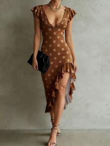2026春夏深V领波点印花荷叶边不对称下摆性感连衣裙 - 棕色 - 查看 1