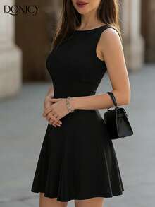 DONICY Women's Black Solid Round Neck Sleeveless Open Back Large Bow Detail Pleated Hem Mini Dress - Stretchy Knit Medium-Thin Slim-Fitting Elegant Sexy Spring Summer Valentine's Day Dating Nightclub Carnival Wear - Black - View 5