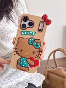 Ốp lưng điện thoại hình mèo KT trái tim ôm bằng silicon 3D màu nâu của Sanrio dành cho iPhone 17/16/14 Pro Max, Apple 13, 12, 11, 14 Pro, 13 Pro, ốp bảo vệ mềm mại sáng tạo, thiết kế mới độc đáo. - màu nâu - Xem 1