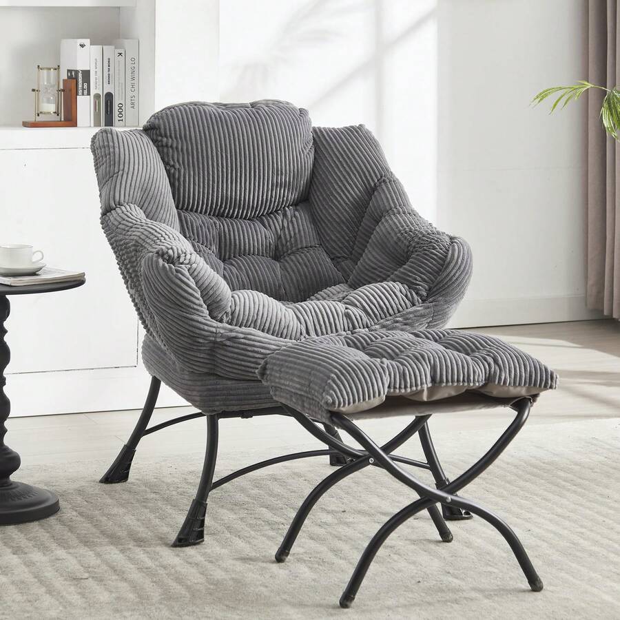Lazy Chair With Ottoman, Modern Lounge Accent Chair With Armrests And A Side Pocket, Leisure Upholstered Sofa Chair Reading Chair With Footrest For Small Space, Corner Chair(Gray) - Màu Xám nhạt - Xem 1
