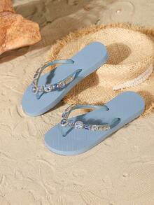 1双女士水钻玻璃链装饰人字拖，时尚沙滩度假凉鞋 - 淺藍色 - 查看 4