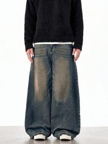 1 buah Celana Jeans Pasangan Kasual Serbaguna Justice Brother Model Longgar dengan Potongan Lebar dan Tampilan Vintage Usang - Dusty Blue - View 5