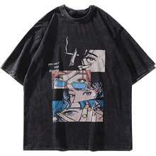 Laixton Men's Pattern T-Shirt Unisex Cotton Oversized T-Shirt Short Sleeve Retro Streetwear Casual T-Shirt Top Comfortable Washed Cotton T-Shirt - 復古美學黑色 - 查看 1