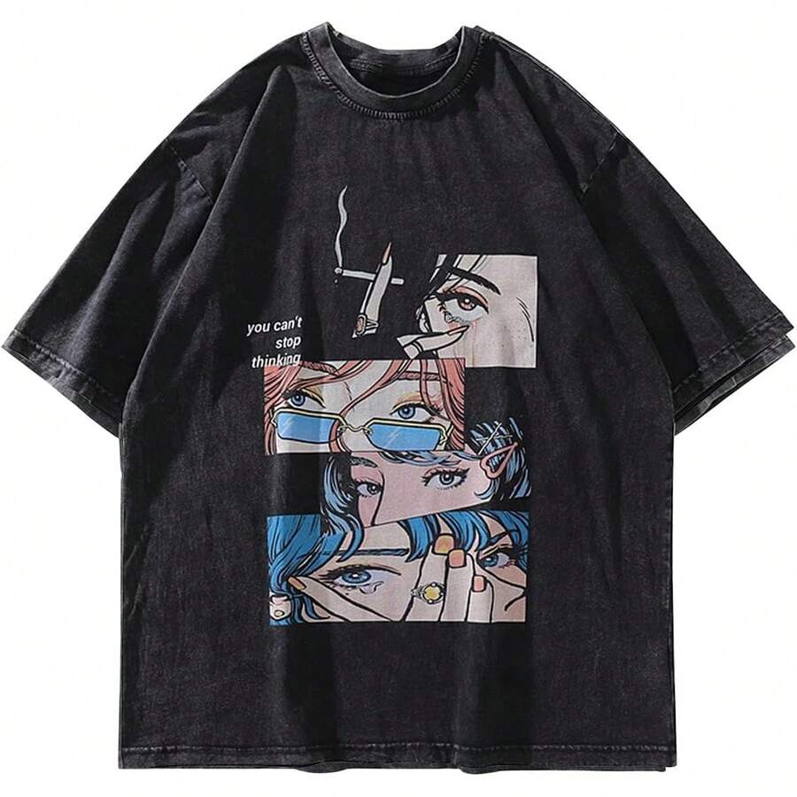 Laixton Men's Pattern T-Shirt Unisex Cotton Oversized T-Shirt Short Sleeve Retro Streetwear Casual T-Shirt Top Comfortable Washed Cotton T-Shirt - 復古美學黑色 - 查看 1