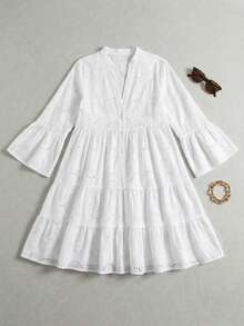 Jkorea Fall Hollow Elegant Dresses For Women Solid V Neck Flared Sleeve Vintage Cocktail Dresses Loose Casual Flared Sleeve Tiered Ruffle Mini Dress - 白色 - 查看 3