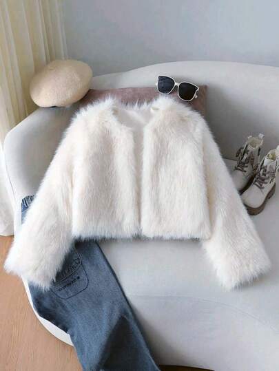 Girls White Faux Fur Long Sleeve Jacket, Fashion Autumn/Winter White Faux Fur Coat For Girls