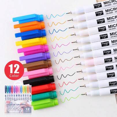12pcs/Set 12 Colors Fine Tip Liners Pens, Student Art Markers For Rock Painting, Black Paper, Skateboard Decoration, Wood, Plastic, Canvas