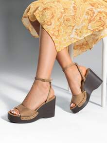 Women's Wedge Sandals 3.94inch Platform Square-Toe Dressy Ankle Buckle Studded Fashion Elegant Sandals Summer Khaki Shoes - Màu Khaki - Xem 2