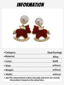 1对极简主义天鹅绒小马仿珍珠夹式耳环，动物几何造型无耳洞耳环，女士节日珠宝礼物