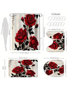 1/4 件套精美玫瑰花浴帘套装，装饰浴室套装，包含印花浴帘、防滑浴垫、马桶盖套、浴室地毯和 12 个塑料挂钩，浴室配件，家居装饰，宿舍装饰，农舍装饰 - 彩色 - 查看 5