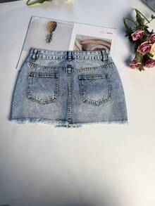 女士休闲水洗破洞迷你牛仔裙，直筒版型，无弹力，适合夏季穿搭 - 藍色 - 查看 5