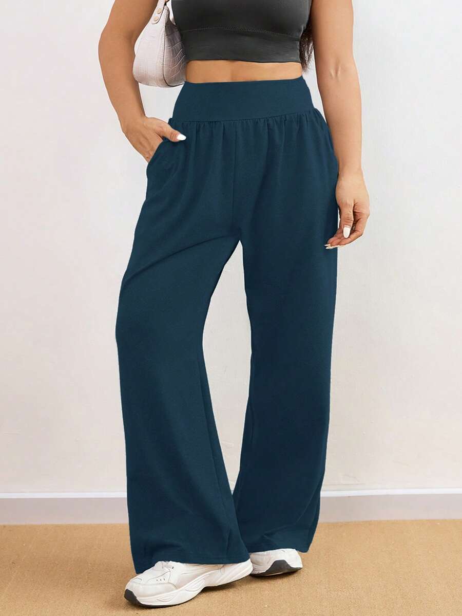 1件装加大码女士宽松阔腿瑜伽裤，纯色百搭，适合日常休闲穿着、室内健身瑜伽普拉提、户外跑步骑行，侧边口袋，弹性腰带，飘逸柔软，四季皆宜 - 寶藍色 - 查看 1
