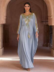 Luxury Pink Embellished Long Sleeve Kaftan Robe, Elegant Middle Eastern Style, Arabic Women Long Robe, Abaya, Modest And Graceful Spring - Dusty Blue - View 1