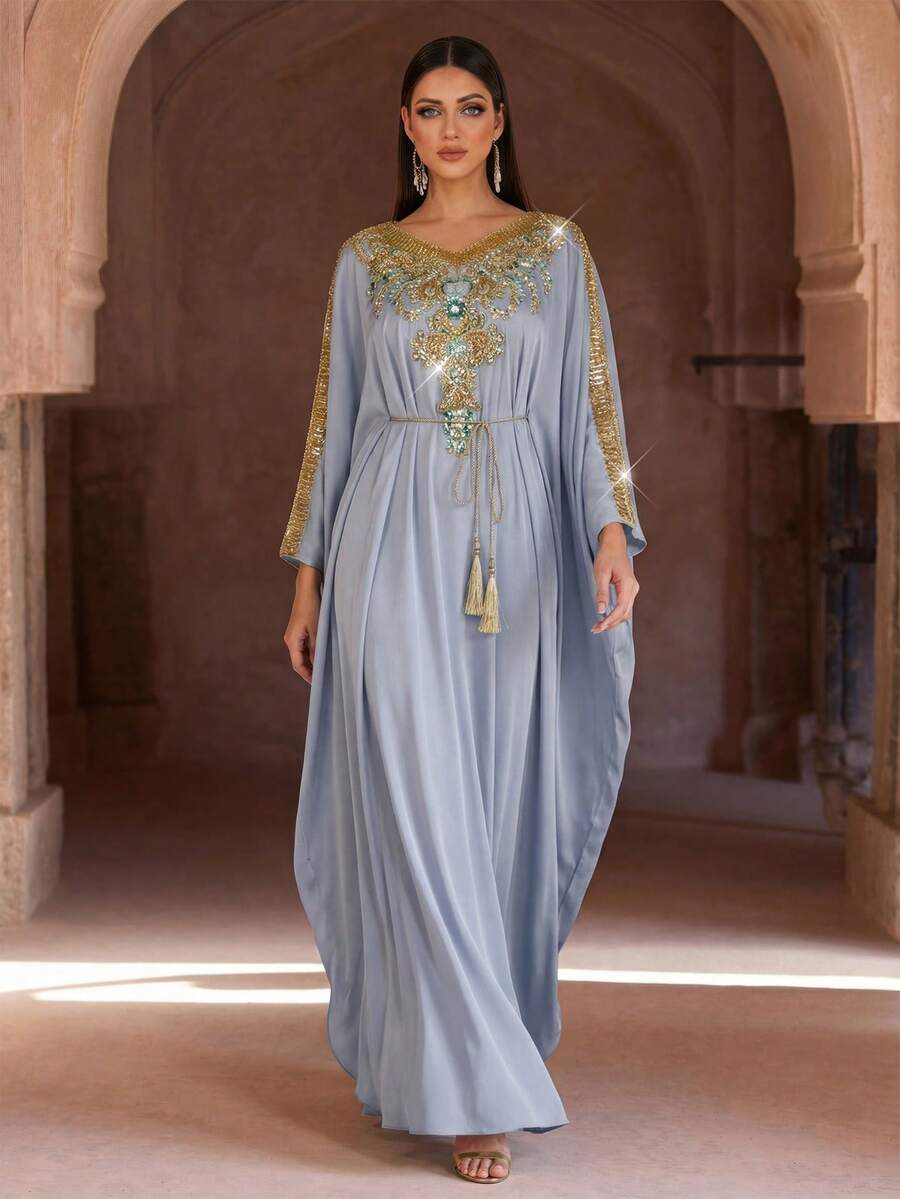 Luxury Pink Embellished Long Sleeve Kaftan Robe, Elegant Middle Eastern Style, Arabic Women Long Robe, Abaya, Modest And Graceful Spring - Dusty Blue - View 1