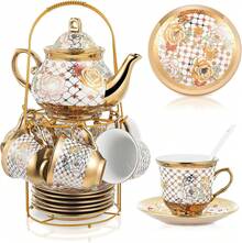 Juego de té de porcelana de 20 piezas con soporte de metal y cuchara, juego de té de cerámica para adultos, tetera con pintura de flores europea, taza, platillo y cuchara para mujeres - Estilo delicado - Ver 10