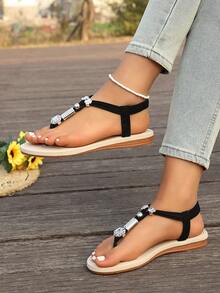 Women's Summer New Solid Color Handmade Beaded Flat Sandals, Bohemian Style Fashion Versatile Comfortable Casual Sandals,Flip Flops - Black - View 4