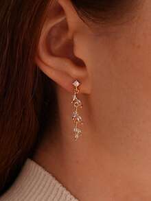 14K镀金长款立方氧化锆水滴形吊坠耳环，优雅新娘婚礼耳环，伴娘水滴形耳环，正式场合首饰 - 金色 - 查看 7