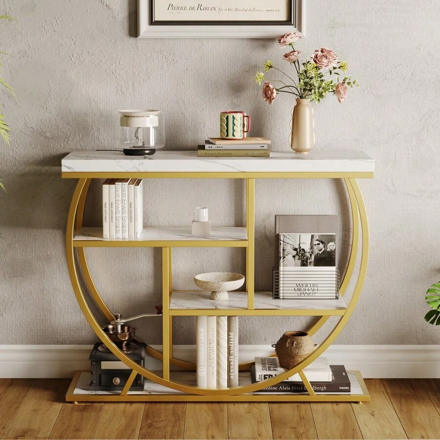 4-Tier Narrow Farmhouse Console Table, Circle Base Wooden Sofa Table, Modern Industrial Entryway Table, With Metal Frame, For Living Room, Behind Couch, Apartment, Foyer, Hallway, Small Spaces - vàng - Xem 1