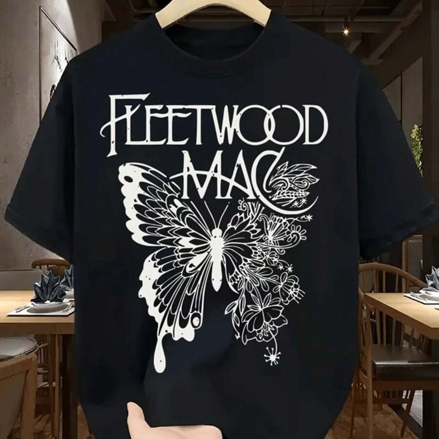 Women Round Neck Tee 1Pcs 100% Cotton 220g Fleetwood Band Butterfly Print Digital T Shirt - Negro - Ver 1