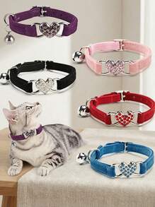 PETSIN 1pc Pet Collar With Rhinestone Heart & Bell Decoration, Cat Collar - Multicolor - View 4