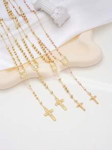 1件瓜达卢佩圣母金色念珠项链，天主教祈祷珠饰，带十字架吊坠，闪亮串珠链，宗教礼物，男女皆宜，日常佩戴/宗教活动配饰 - 金色03 - 查看 1