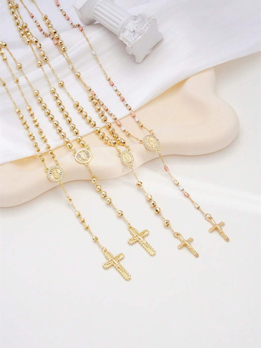 1件瓜达卢佩圣母金色念珠项链，天主教祈祷珠饰，带十字架吊坠，闪亮串珠链，宗教礼物，男女皆宜，日常佩戴/宗教活动配饰 - 金色03 - 查看 1
