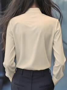 Women's Elegant Long Sleeve Blouse, Apricot Color With Tie Collar, Ruffle Trim And Bow Details, Regular Fit Top, Suitable For Work, Spring, Autumn - Apricot - View 4