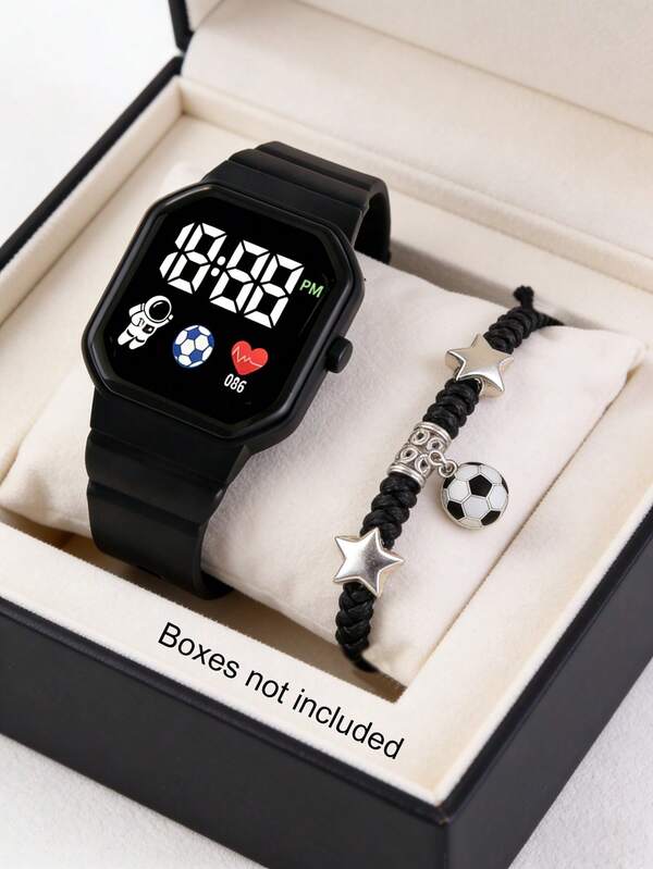 1个男女通用足球、宇航员、心形装饰LED方形手环手表和1个足球图案腕带，适合日常佩戴