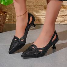 新款春夏低跟镂空套脚鞋，女士时尚尖头中跟软底皮鞋 - 黑色 - 查看 9