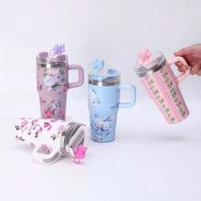 Stainless Steel Portable Thermal Bottle Cup 600ML With Straw And Handle, Flower Design For Children - 600ML - aleatório - 查看 3