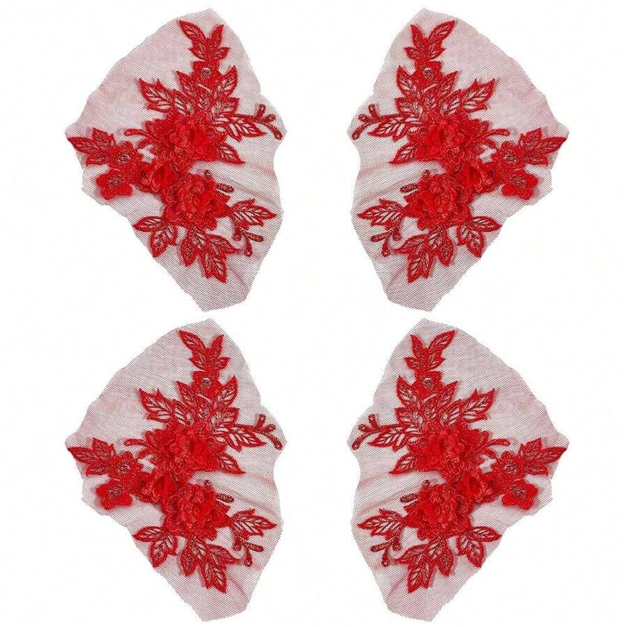 [Free Shipping]4Pcs Red Flower Applique 3D Floral Embroidery Vintage Appliques Polyester Soild Embroidered Lace Trim Sew On Patches Bulk For Sewing MaFKing Dress Clothes Gowns Wedding Bridal Costumes Supply - 紅色 - 查看 1