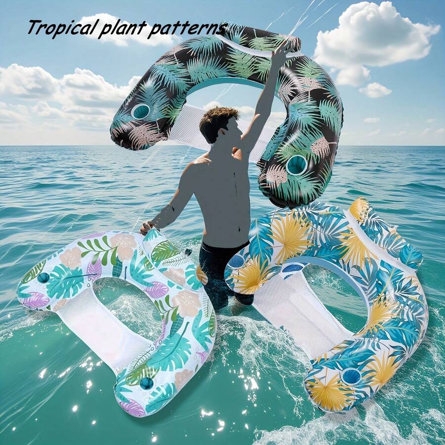 1pc Inflatable Floating Bed, Portable Foldable Air Mattress, Suitable For Swimming Pool, Beach And Lake, Durable PVC Material, Ergonomic Design, Mixed Color (Blue & White), Applicable For Pond Party, Inflatable Swimming Ring, Swimming Pool Inflatable Accessories, Essential For Vacation - One Size - View 1