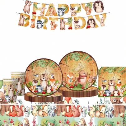 80件套森林野生动物丛林主题一次性餐具套装，非常适合情人节、露营、庭院烧烤、野餐、婚礼、单身派对、聚会和生日派对，也适合派对装饰和家居装饰。