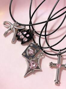 5pcs Pink Necklace Set, Bohemian Necklaces With Cross, Star, Heart Pendant, Leather Cord Necklaces, Women Jewelry, Valentine's Day Gift - 5 Pink Necklace Set - View 4