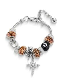 1 pulsera ajustable para adolescentes con dijes de bola 8, estrella, cruz y estampado de leopardo - Plateado - Ver 7
