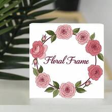 White Decorative Wooden Box With Circular Pink Rose Wreath & 'Floral Frame' Cursive Text - Elegant Soft Pink & Green Floral Theme Storage/Decor Block, Subtle 3D Shadow Design - White - View 3