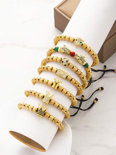 Men's Bracelet, Handmade With CZ Leopard Print, Royal Charm Crown, World Cup Football Enamel Decor, Featuring Green & Red Natural Stones And Zirconia, Stainless Steel Unisex Jewelry Bangle