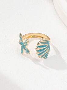 1 件手工珐琅海星和贝壳可调节女士戒指，适合夏季度假（注意：颜色和形状略有不同） - 藍色 - 查看 4