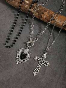 3件套复古哥特风串珠黑色心形OT链，朋克摇滚复古甜美哥特十字架项链，暗黑哥特欧美Y2K风格颈链设计