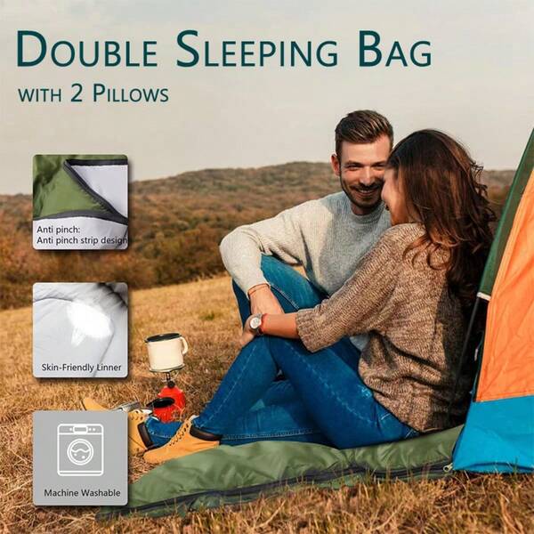 Double Sleeping Bag For Adults Men With Pillow Queen Size Two Person Sleeping Bag For All Season Camping Hiking Backpacking 2 Person Sleeping Bags For Cold Weather & Warm