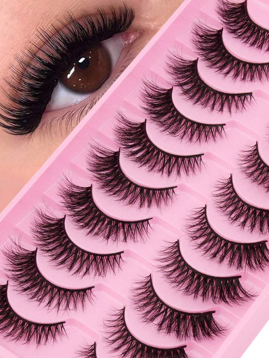 10 Pairs Thick 3D Multi-Layer DD Curly Russian Volume False Eyelashes, High Curl Degree, Dense & Bold Whole Piece Eyelash Extensions