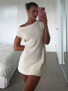 2026 Spring/Summer Women's Casual Long Knit Cover Up & White Mini Dress Set, Asymmetric Neckline Sleeveless Design, Slightly Stretchy, Suitable For Vacation & Beach - Apricot - View 2