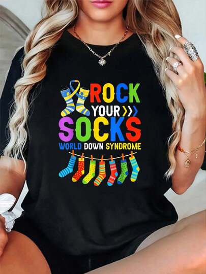 100% Cotton Rock Your Socks Awareness T-Shirt Short Sleeve Round Neck Casual Top For Summer & Spring, Women's Men's Graphic Tee