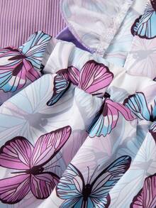 Set de 3 piezas de ropa de primavera/verano para niñas, incluye body con moño, vestido con estampado de mariposa y falda de tirantes, adecuado para fiestas, uso en casa y al aire libre - Morado Violeta - Ver 9