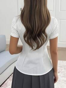 女士休闲通勤条纹前开襟修身衬衫，夏季白色 - 白色 - 查看 10