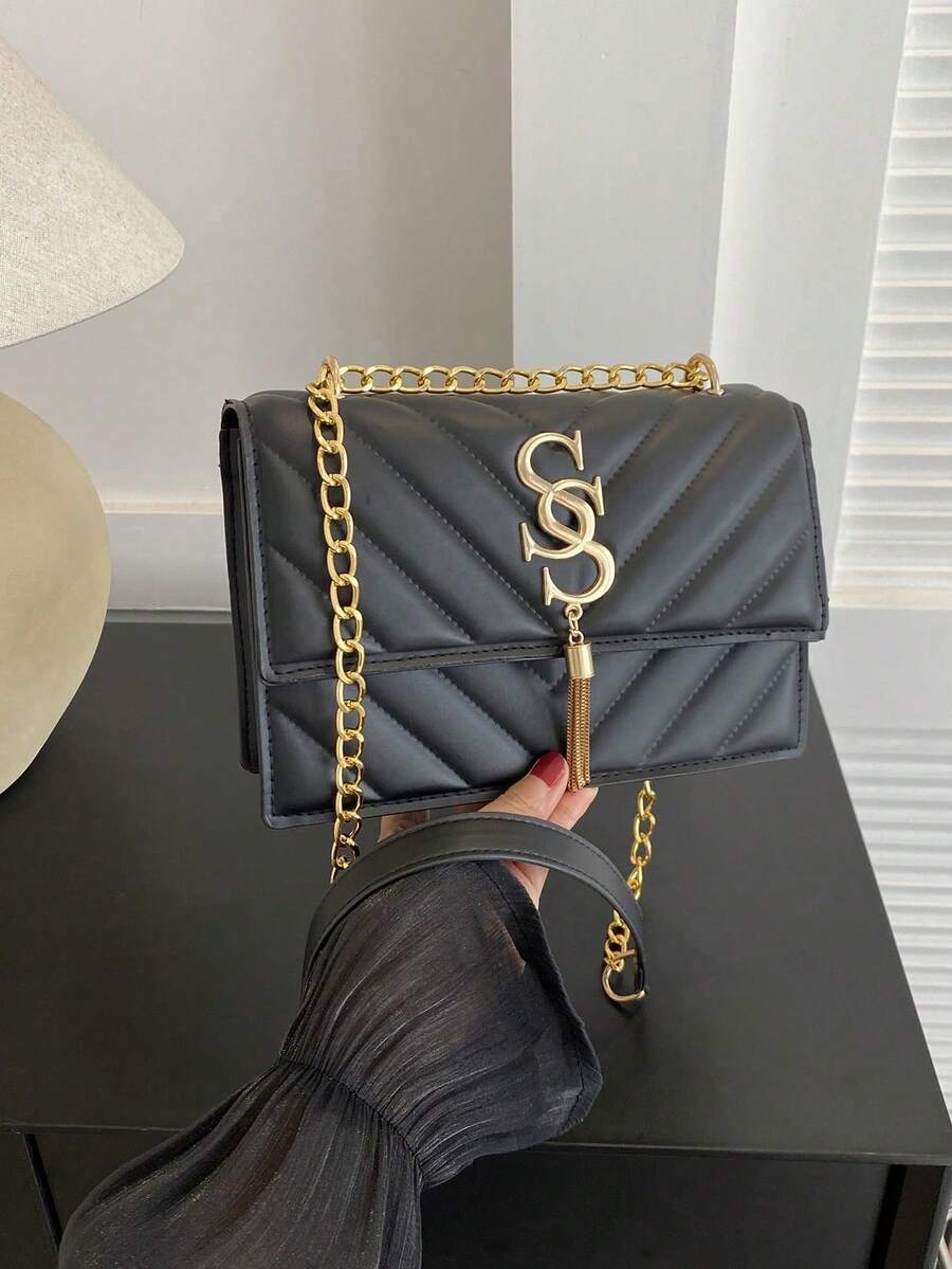 Fashionable Versatile Textured Chain Strap Crossbody Bag - Black - View 1